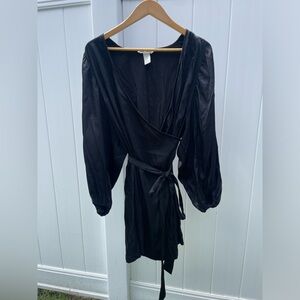 L Satin Puff-Sleeve Wrap Dress in Black by H&M